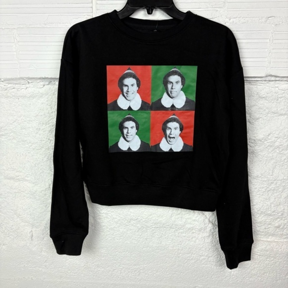 NWOT ELF Christmas movie Pop Art Design fleece crew neck cropped sweater medium